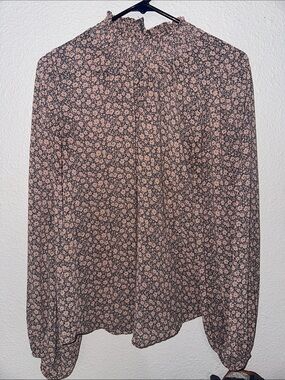 mittoshop Pink and Black Floral High-Neck Long-Sleeve Blouse